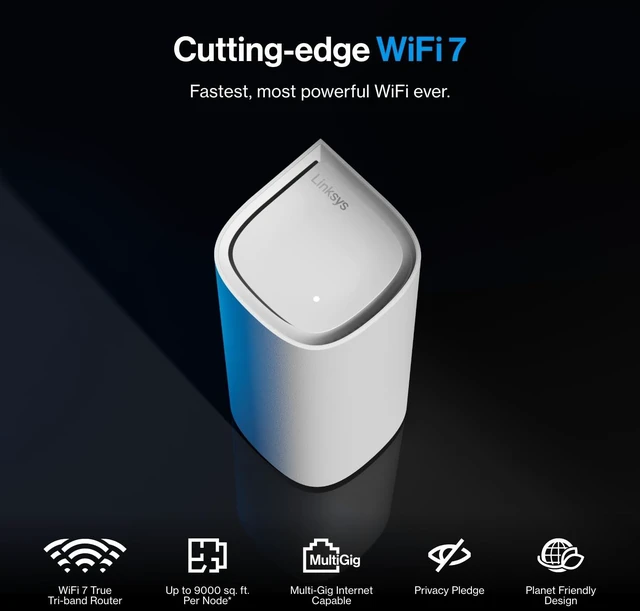 Alt view image 2 of 7 - Linksys Velop Pro 7 MBE7001 BE11000 Tri-Band WiFi 7 Mesh Router (1-Pack), Up to 3,000 sq ft, 200+ Devices