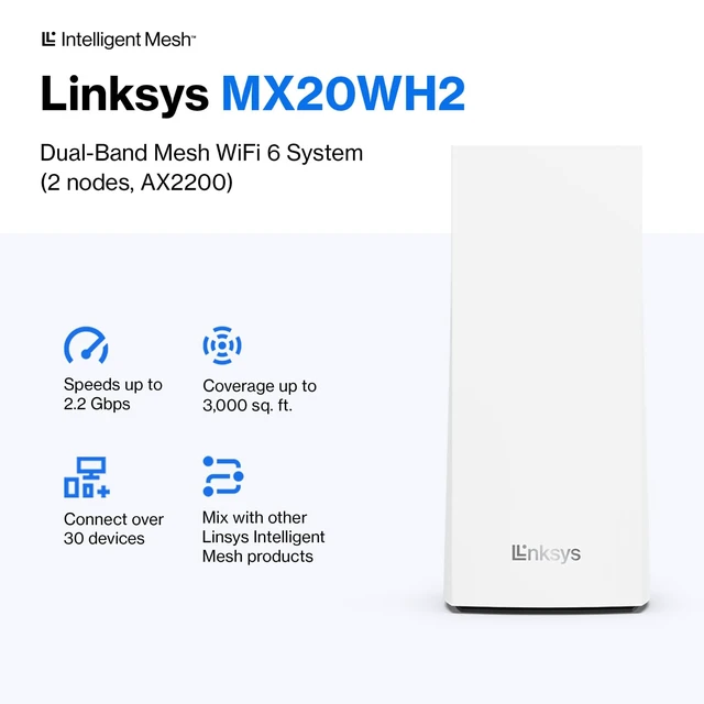 Alt view image 2 of 6 - Linksys MX20WH2 AX2200 Dual-Band WiFi 6 Intelligent Mesh System (2-Pack), Up to 3,000 sq ft, 30+ Devices