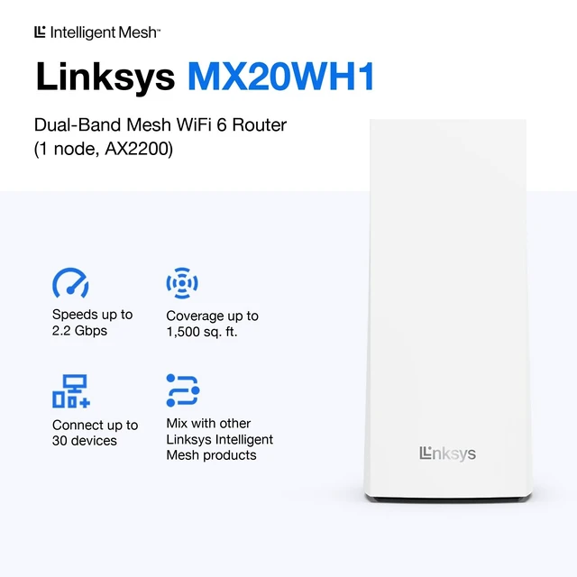 Alt view image 2 of 7 - Linksys MX20WH1 AX2200 Dual-Band WiFi 6 Mesh Router (1-Pack), Up to 1,500 sq ft
