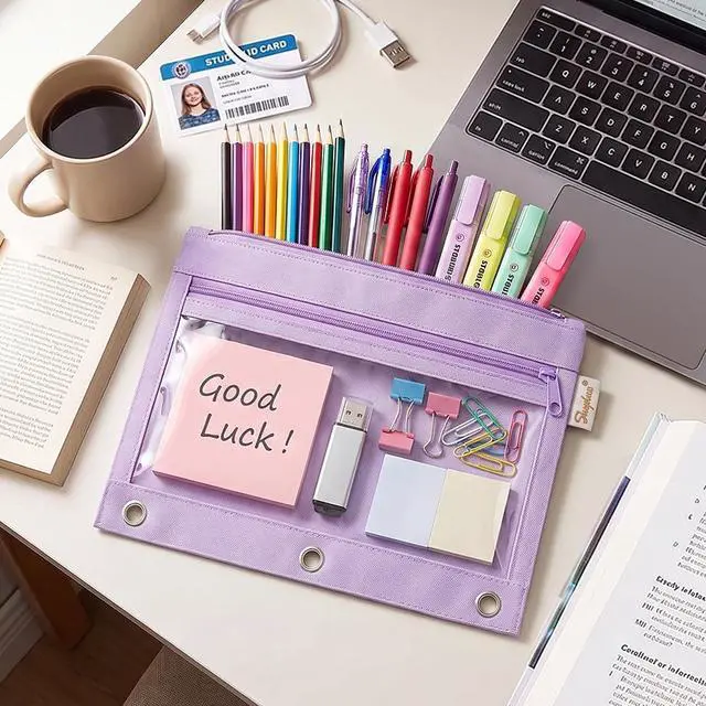 Alt view image 6 of 7 - Pencil Pouch for 3 Ring Binder, 10"x7.5", 2 Pockets and Clear Window | Large Pencil Pouch with Clear Window for Students,Kids & Teachers,Organizer for School Supplies,Cables, Earbuds, Makeup