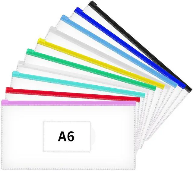 Main image of 10 Pcs Poly Zip Envelope, A6 Size (9 x 4.7in) Pencil Pouches | Plastic Zipper Pouches with Label Pocket, 10 Colors, Reusable Clear Pencil Bags for Office Supplies