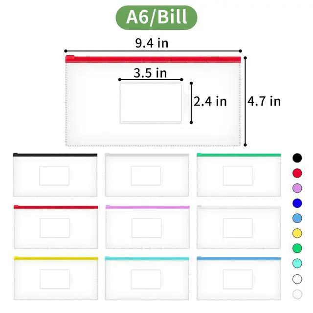 Alt view image 2 of 7 - 10 Pcs Poly Zip Envelope, A6 Size (9 x 4.7in) Pencil Pouches | Plastic Zipper Pouches with Label Pocket, 10 Colors, Reusable Clear Pencil Bags for Office Supplies