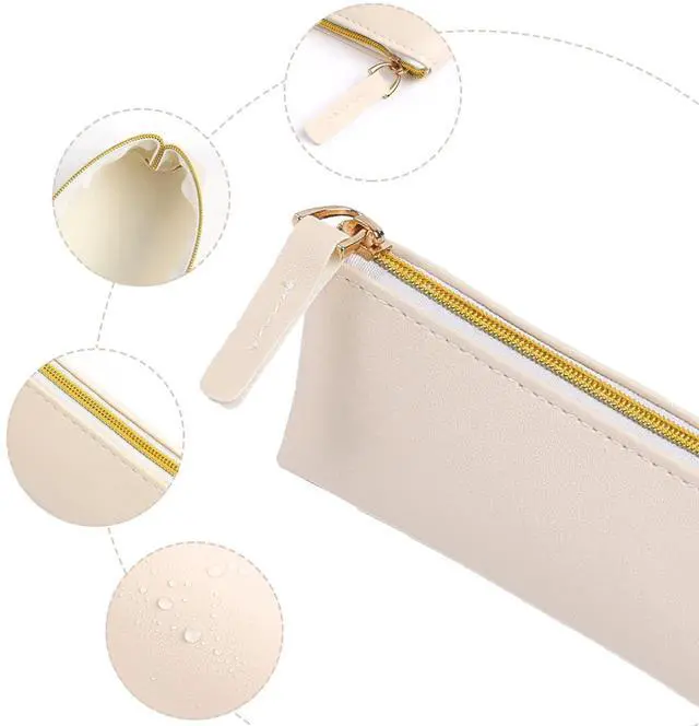 Alt view image 3 of 7 - 2 Pcs Leather Pencil Pouch, Slim Design Small Pencil Pouch Pencil Bag Zipper Pencil Case Bag Stationery Pouch Bag for Pens, Pencils, Markers(Black&Beige)