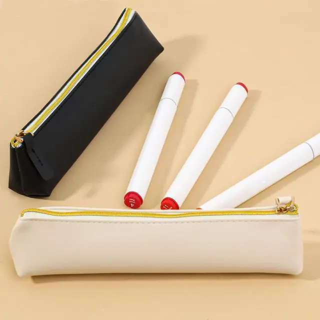 Alt view image 4 of 7 - 2 Pcs Leather Pencil Pouch, Slim Design Small Pencil Pouch Pencil Bag Zipper Pencil Case Bag Stationery Pouch Bag for Pens, Pencils, Markers(Black&Beige)