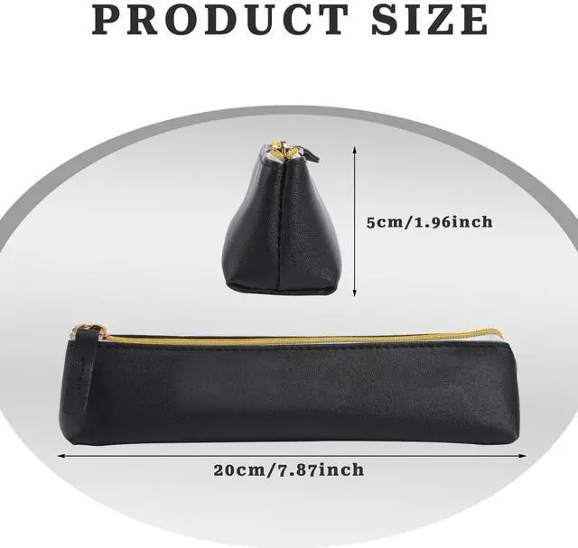 Alt view image 2 of 7 - 2 Pcs Leather Pencil Pouch, Slim Design Small Pencil Pouch Pencil Bag Zipper Pencil Case Bag Stationery Pouch Bag for Pens, Pencils, Markers(Black&Beige)