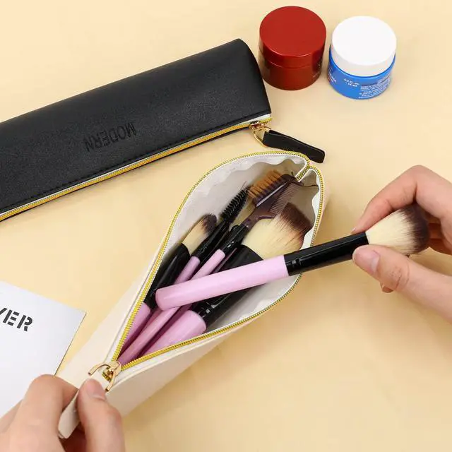 Alt view image 5 of 7 - 2 Pcs Leather Pencil Pouch, Slim Design Small Pencil Pouch Pencil Bag Zipper Pencil Case Bag Stationery Pouch Bag for Pens, Pencils, Markers(Black&Beige)