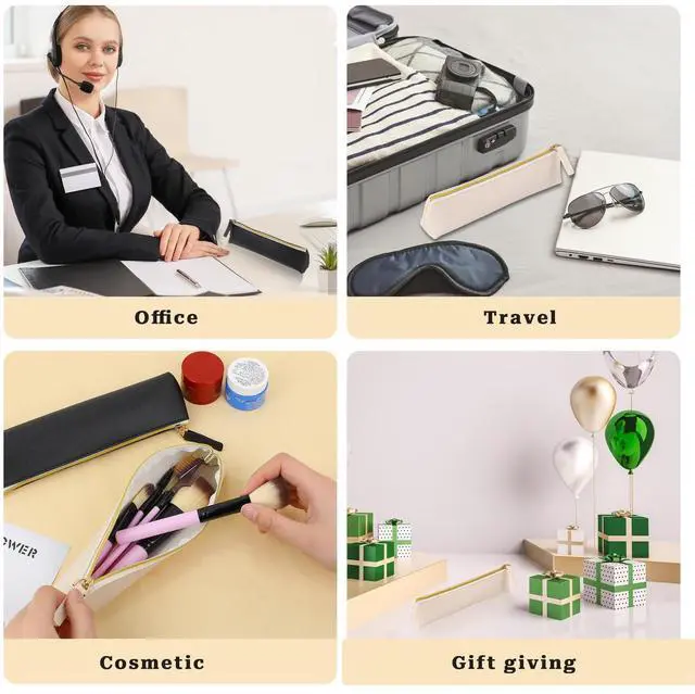 Alt view image 6 of 7 - 2 Pcs Leather Pencil Pouch, Slim Design Small Pencil Pouch Pencil Bag Zipper Pencil Case Bag Stationery Pouch Bag for Pens, Pencils, Markers(Black&Beige)