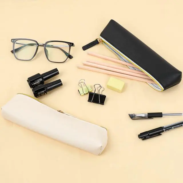 Alt view image 7 of 7 - 2 Pcs Leather Pencil Pouch, Slim Design Small Pencil Pouch Pencil Bag Zipper Pencil Case Bag Stationery Pouch Bag for Pens, Pencils, Markers(Black&Beige)