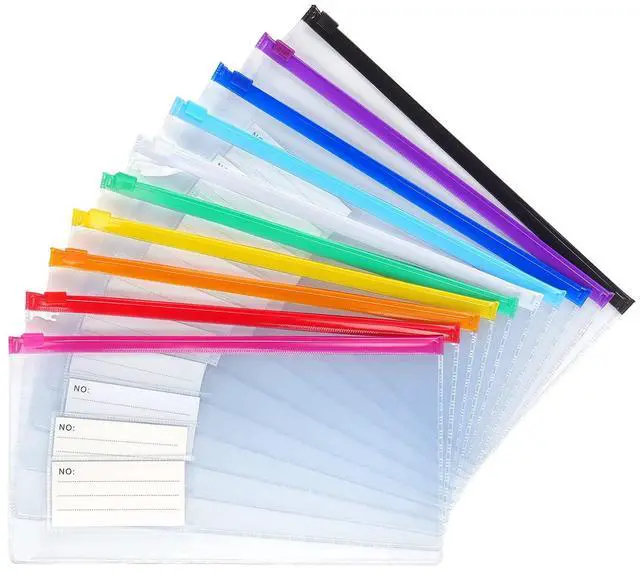 Main image of 10 Pack Zipper Plastic Envelopes, Small Pencil Pounch, 9 x 4.7 Inch | Plastic Envelopes A6 Size for Pencil Case Bulk, Bill Bag