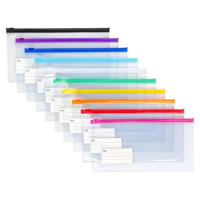 Alt view image 2 of 7 - 10 Pack Zipper Plastic Envelopes, Small Pencil Pounch, 9 x 4.7 Inch | Plastic Envelopes A6 Size for Pencil Case Bulk, Bill Bag