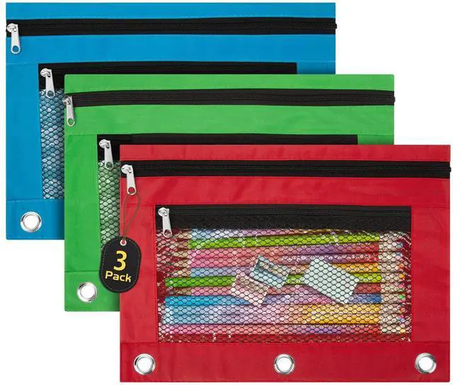 Main image of 3 Pack Pencil Pouch for 3 Ring Binder with Zipper, Red Green Blue | Pencil Pouches Pencil Bags for Classroom bulk Pencil Box Pencil Case for Storing School Students Teacher Supplies