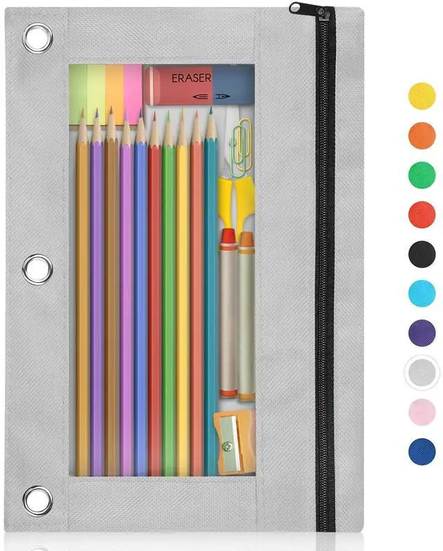 Main image of Pencil Pouch for 3 Ring Binder, Binder Pencil Pouch with Smooth Zipper, Clear Window Pencil Case for Binder, Zipper Pencil Pouches, Big Capacity 3 Ring Binder Pencil Bag, Grey