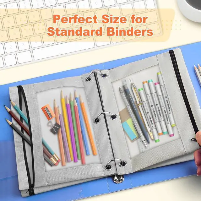 Alt view image 3 of 7 - Pencil Pouch for 3 Ring Binder, Binder Pencil Pouch with Smooth Zipper, Clear Window Pencil Case for Binder, Zipper Pencil Pouches, Big Capacity 3 Ring Binder Pencil Bag, Grey