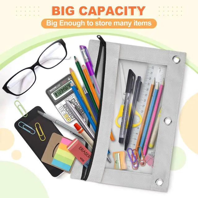 Alt view image 2 of 7 - Pencil Pouch for 3 Ring Binder, Binder Pencil Pouch with Smooth Zipper, Clear Window Pencil Case for Binder, Zipper Pencil Pouches, Big Capacity 3 Ring Binder Pencil Bag, Grey