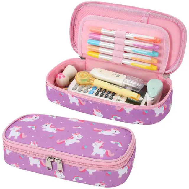 Main image of Cute Kids Pencil Case - Girls Pen Pouch Large School Organizer | Pen Bag & Smooth Zipper, Multi-Slot Storage, Mesh Pocket, 900D Water Resistent, Giftable School Supplies, Pink Purple Unicorn