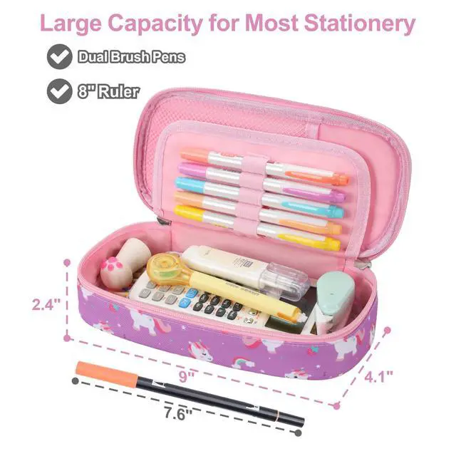 Alt view image 2 of 7 - Cute Kids Pencil Case - Girls Pen Pouch Large School Organizer | Pen Bag & Smooth Zipper, Multi-Slot Storage, Mesh Pocket, 900D Water Resistent, Giftable School Supplies, Pink Purple Unicorn