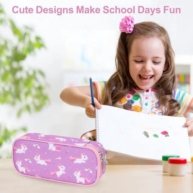 Alt view image 6 of 7 - Cute Kids Pencil Case - Girls Pen Pouch Large School Organizer | Pen Bag & Smooth Zipper, Multi-Slot Storage, Mesh Pocket, 900D Water Resistent, Giftable School Supplies, Pink Purple Unicorn