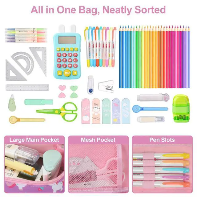 Alt view image 4 of 7 - Cute Kids Pencil Case - Girls Pen Pouch Large School Organizer | Pen Bag & Smooth Zipper, Multi-Slot Storage, Mesh Pocket, 900D Water Resistent, Giftable School Supplies, Pink Purple Unicorn