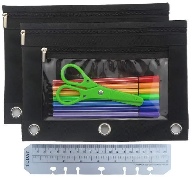 Main image of 3 Ring Binder Pencil Pouch with Durable Zipper Binder Pencil Case with Clear Window 2 Pocket Black Canvas 2 Pack