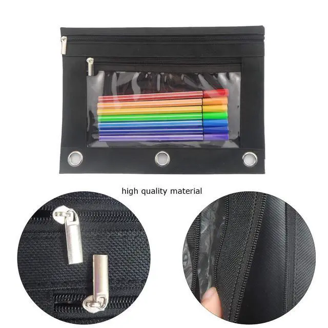 Alt view image 2 of 7 - 3 Ring Binder Pencil Pouch with Durable Zipper Binder Pencil Case with Clear Window 2 Pocket Black Canvas 2 Pack