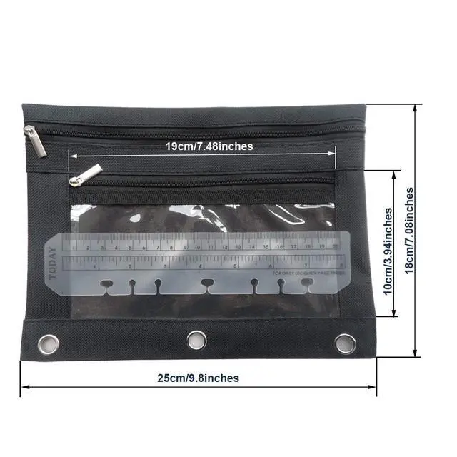 Alt view image 4 of 7 - 3 Ring Binder Pencil Pouch with Durable Zipper Binder Pencil Case with Clear Window 2 Pocket Black Canvas 2 Pack