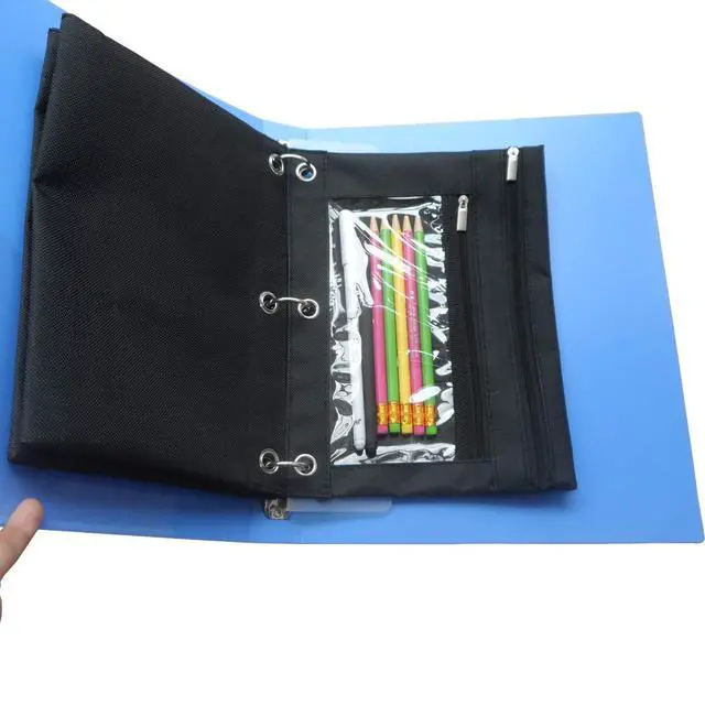 Alt view image 6 of 7 - 3 Ring Binder Pencil Pouch with Durable Zipper Binder Pencil Case with Clear Window 2 Pocket Black Canvas 2 Pack