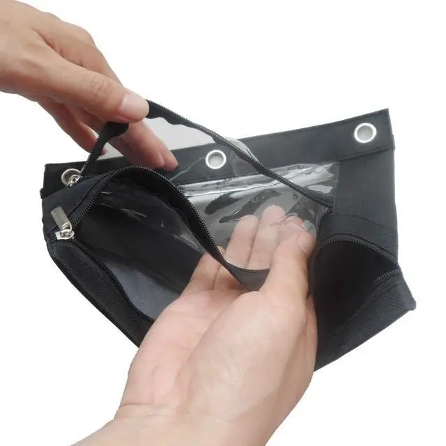Alt view image 7 of 7 - 3 Ring Binder Pencil Pouch with Durable Zipper Binder Pencil Case with Clear Window 2 Pocket Black Canvas 2 Pack