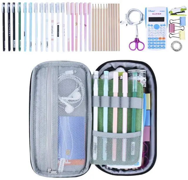 Alt view image 3 of 7 - Big Pencil Case Large Capacity Pencil Bag Pouch Pen Pencil Marker Holder with High Storage for Office Supplier Desk Stationery Organizer Makeup Bag (Green)