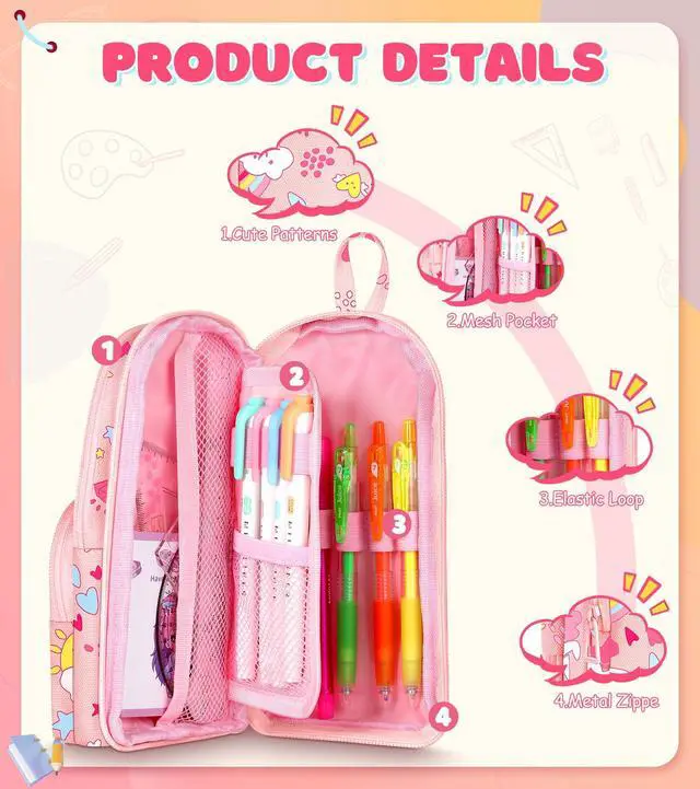 Alt view image 3 of 6 - Cute Pencil Case,Unique Aesthetic 3D Schoolbag-Shaped Pencil Pouch for Girls Boys Kids Women,Big Capacity Pen and Pencil Stationery Organizer Bag with Zippers for School Office