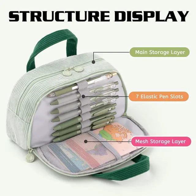 Alt view image 3 of 6 - Corduroy Hand-held Pencil Case Large Cute Pencil Pouch Stationery Pen Bag for Teen Girls-Green
