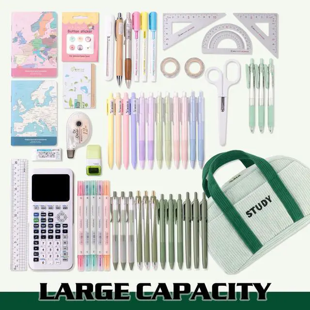 Alt view image 4 of 6 - Corduroy Hand-held Pencil Case Large Cute Pencil Pouch Stationery Pen Bag for Teen Girls-Green