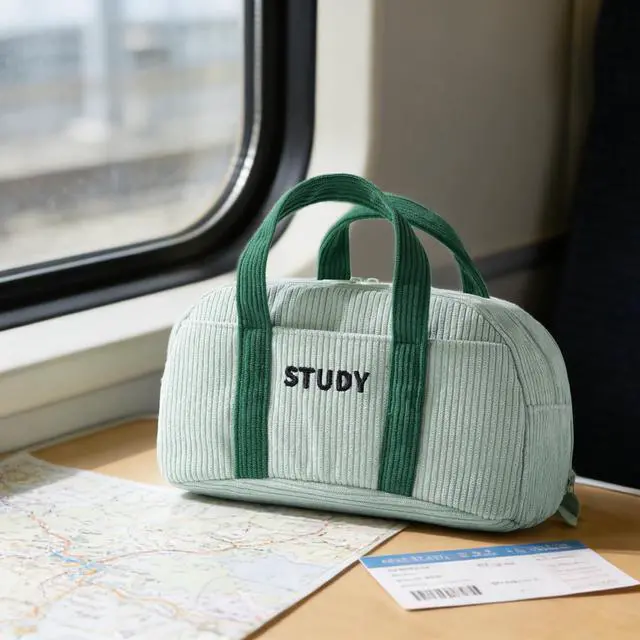 Alt view image 5 of 6 - Corduroy Hand-held Pencil Case Large Cute Pencil Pouch Stationery Pen Bag for Teen Girls-Green