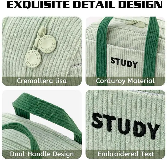 Alt view image 6 of 6 - Corduroy Hand-held Pencil Case Large Cute Pencil Pouch Stationery Pen Bag for Teen Girls-Green