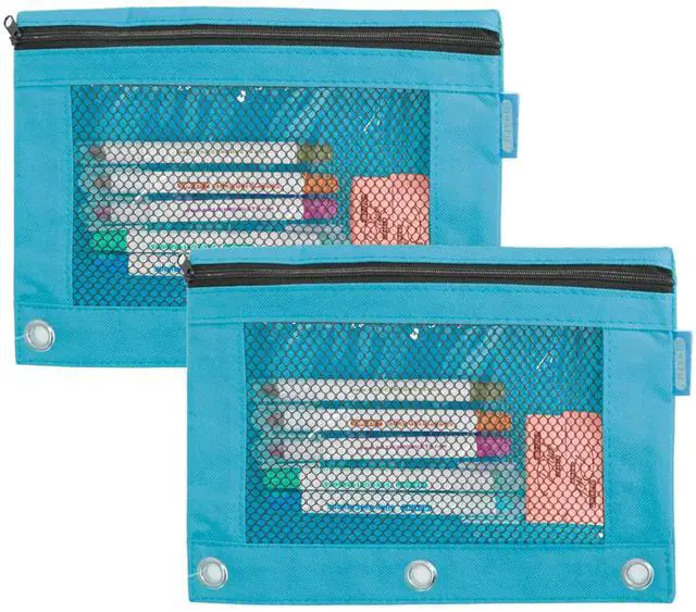 Main image of Retro Pastel 3-Ring Pencil Pouch with Mesh Window, 2-Pack | clear mesh window and a zipper closure for pens; pencils