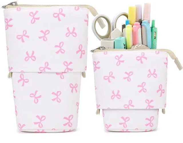 Main image of Cute Standing Pencil Case Pen Holder for Kids, Pop Up Stand UP Bubble Tea Pen Organizer Kawaii Stationary for Christmas Holiday New Year Office (Bow)