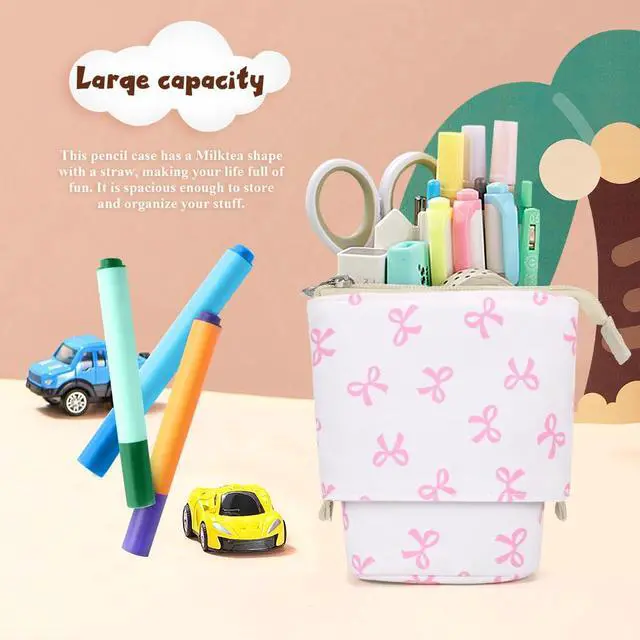 Alt view image 4 of 6 - Cute Standing Pencil Case Pen Holder for Kids, Pop Up Stand UP Bubble Tea Pen Organizer Kawaii Stationary for Christmas Holiday New Year Office (Bow)