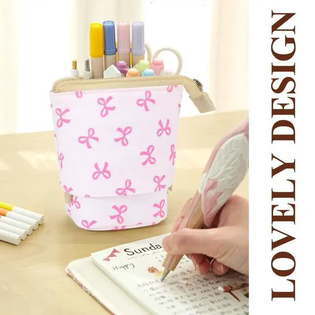 Alt view image 5 of 6 - Cute Standing Pencil Case Pen Holder for Kids, Pop Up Stand UP Bubble Tea Pen Organizer Kawaii Stationary for Christmas Holiday New Year Office (Bow)
