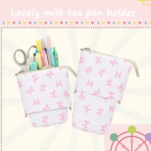 Alt view image 6 of 6 - Cute Standing Pencil Case Pen Holder for Kids, Pop Up Stand UP Bubble Tea Pen Organizer Kawaii Stationary for Christmas Holiday New Year Office (Bow)