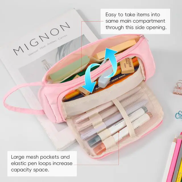 Alt view image 5 of 7 - White Checkered Pencil Case Canvas Front Window Pouch Organizer | Double smooth zippers, roomy interior, clear view opening, portable handle, mesh pockets, versatile stationery holder