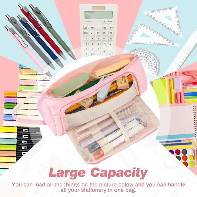 Alt view image 4 of 7 - White Checkered Pencil Case Canvas Front Window Pouch Organizer | Double smooth zippers, roomy interior, clear view opening, portable handle, mesh pockets, versatile stationery holder