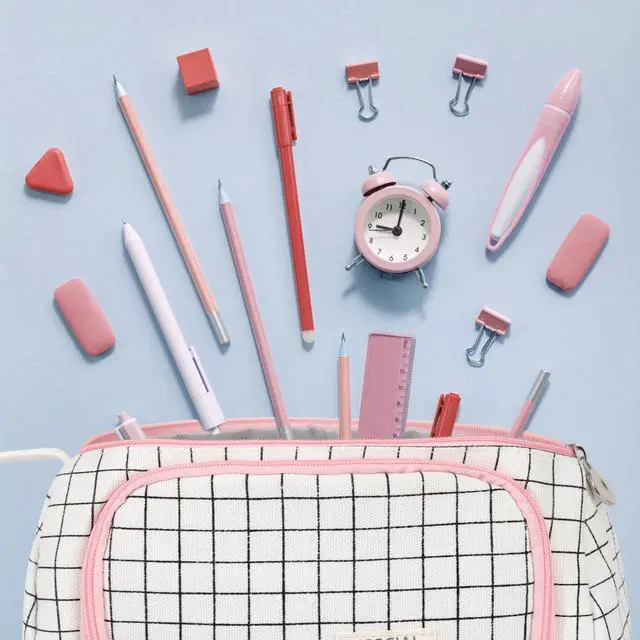 Alt view image 7 of 7 - White Checkered Pencil Case Canvas Front Window Pouch Organizer | Double smooth zippers, roomy interior, clear view opening, portable handle, mesh pockets, versatile stationery holder
