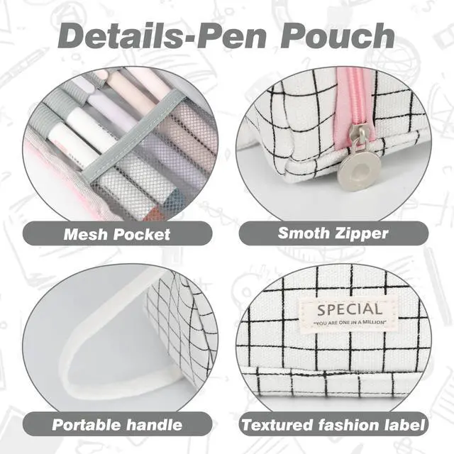 Alt view image 3 of 7 - White Checkered Pencil Case Canvas Front Window Pouch Organizer | Double smooth zippers, roomy interior, clear view opening, portable handle, mesh pockets, versatile stationery holder