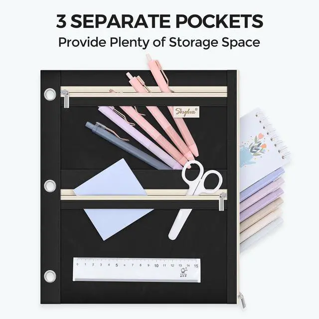 Alt view image 3 of 7 - Large Pencil Pouch for 3 Ring Binder, 3 Pockets and Clear Window | 11x 9", 3 Compartment Zipper Pencil Case, Large Capacity Organizer for School Supplies, Students, Kids & Teachers