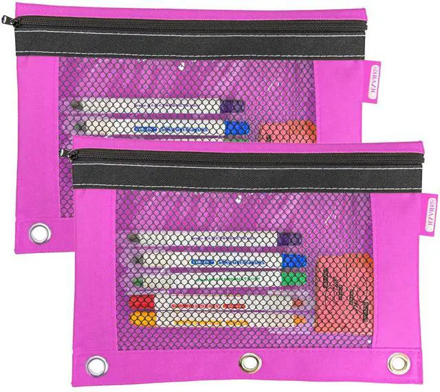 Main image of Bright Color 3-Ring Pencil Pouch with Mesh Window, 2-Pack | clear mesh window and a zipper closure for pens; pencils; supplies