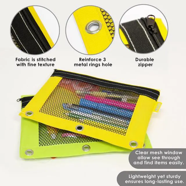 Alt view image 3 of 7 - Bright Color 3-Ring Pencil Pouch with Mesh Window, 2-Pack | clear mesh window and a zipper closure for pens; pencils; supplies