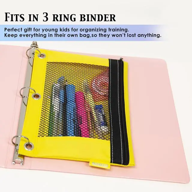 Alt view image 4 of 7 - Bright Color 3-Ring Pencil Pouch with Mesh Window, 2-Pack | clear mesh window and a zipper closure for pens; pencils; supplies