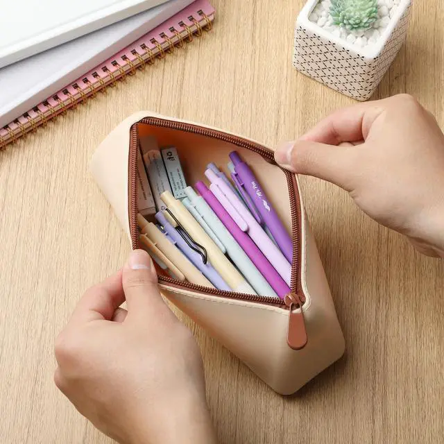 Alt view image 7 of 7 - Silicone Pencil Case Pouch, Warm Beige | Aesthetic Triangular Design, Multipurpose, Aesthetic Pencil Case Small, Silicone Makeup Bag