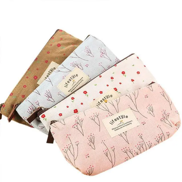 Main image of Pencil Case, Cute Floral Flower Canvas Zipper Pencil Cases Lovely Fabric Flower Tree Pen Bags Supplies 4 Pcs