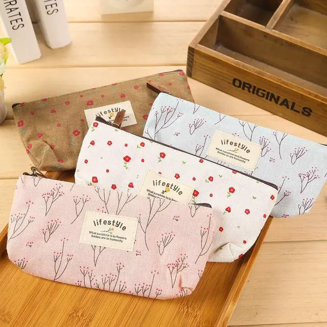Alt view image 3 of 7 - Pencil Case, Cute Floral Flower Canvas Zipper Pencil Cases Lovely Fabric Flower Tree Pen Bags Supplies 4 Pcs