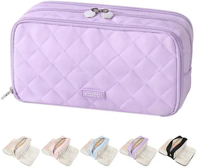 Main image of Cute Pencil Case for Girls kids Soft Quilted Pencil Pouch Bag Organizer | With 3 Compartments,Big Capacity Marker Crayon Storage Bag Large Double Zipper Art Bag For Kids School College Boys Women
